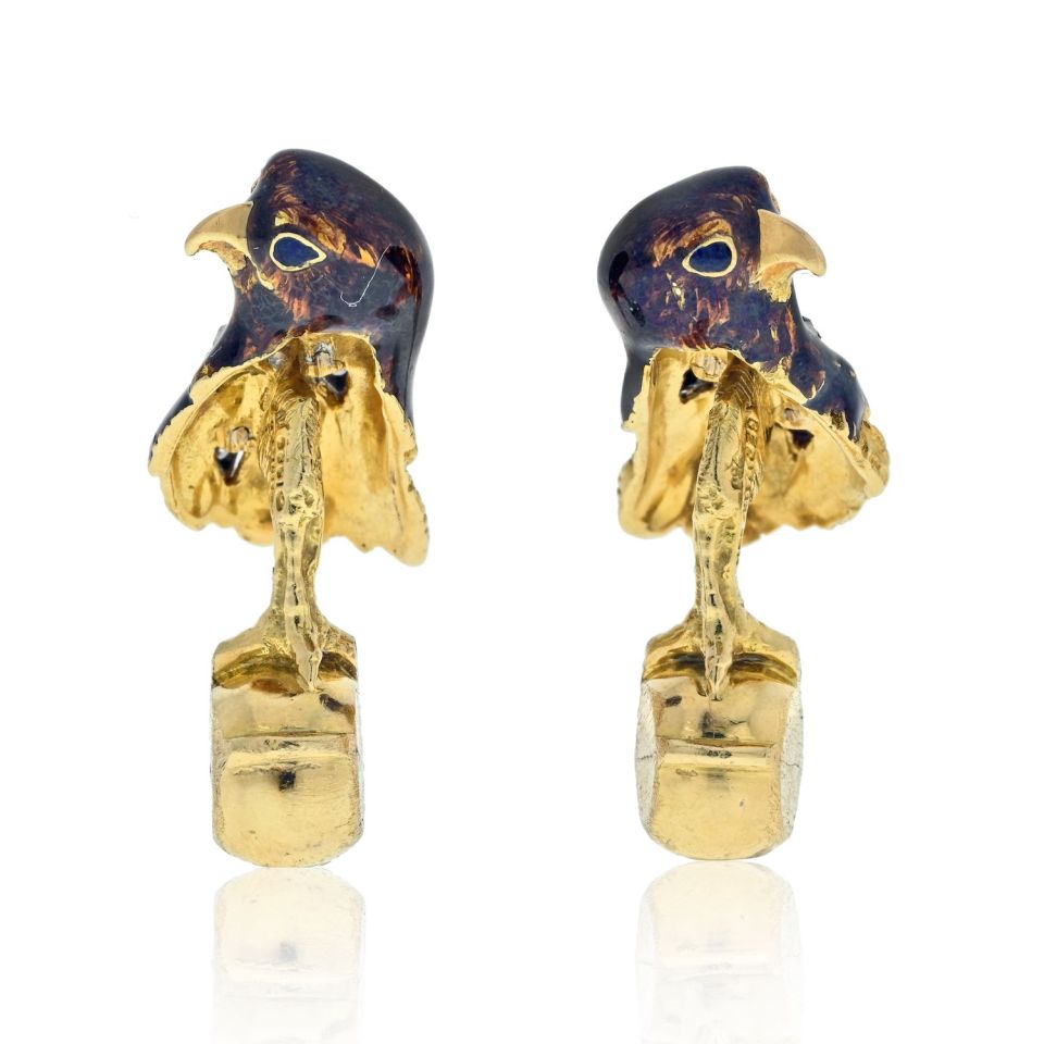 Vintage Tiffany 18K Gold Enamel Diamond Falcon Cufflinks