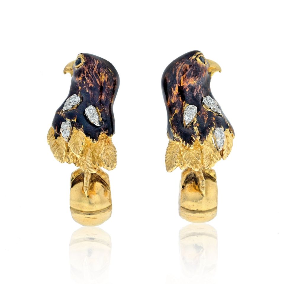 Vintage Tiffany 18K Gold Enamel Diamond Falcon Cufflinks