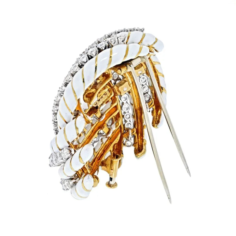 David Webb 18K Yellow Gold White Enamel And 8.00cttw Diamond Knot Brooch — view 3 — Laura Milman New York