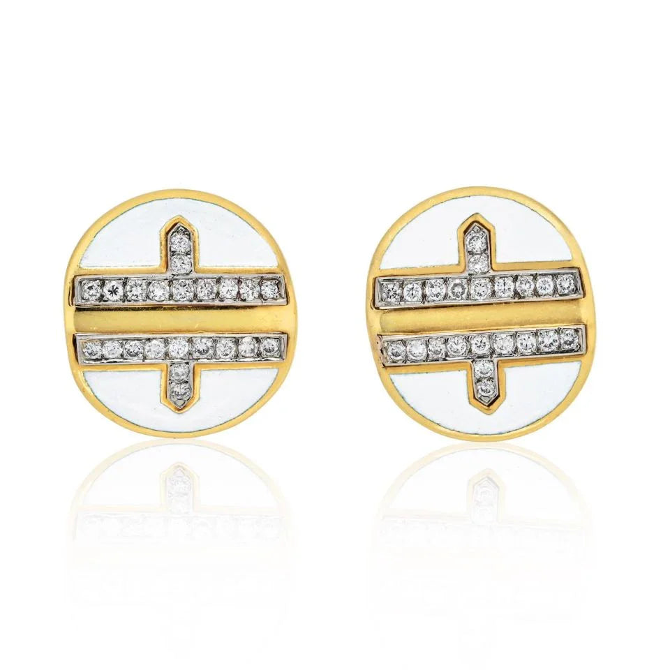 David Webb Platinum & 18K Yellow Gold White Enamel Diamond Metro Collection Earrings — Laura Milman New York