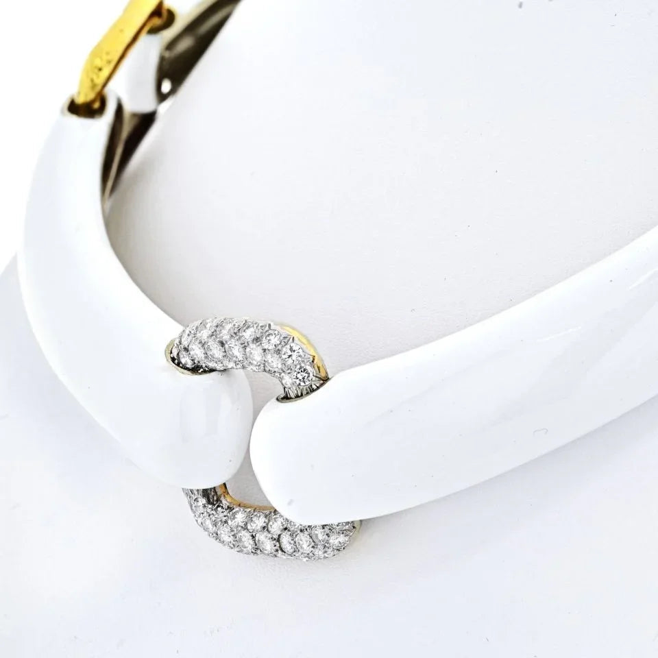 David Webb 18K Yellow Gold White Enamel Gold And Diamond Linked Collar Necklace — view 3 — Laura Milman New York