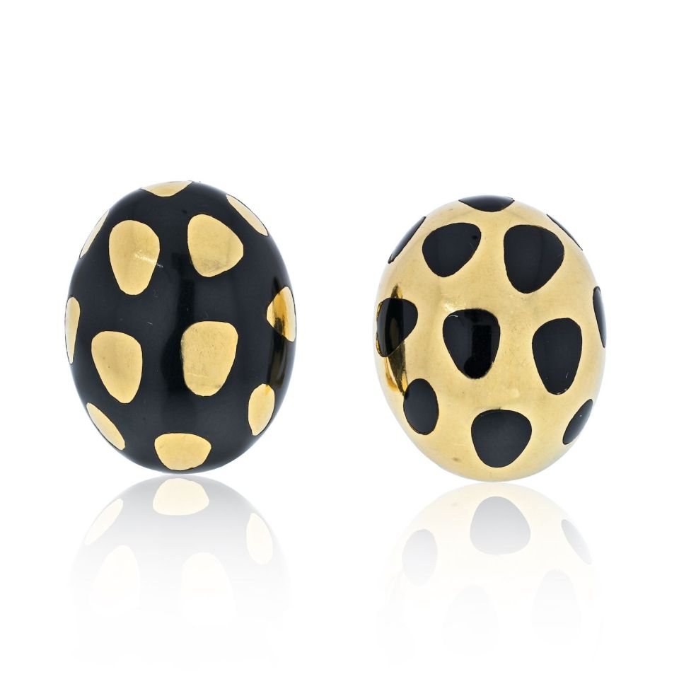 Tiffany Angela Cummings 18K Gold Black Jade Clip Earrings