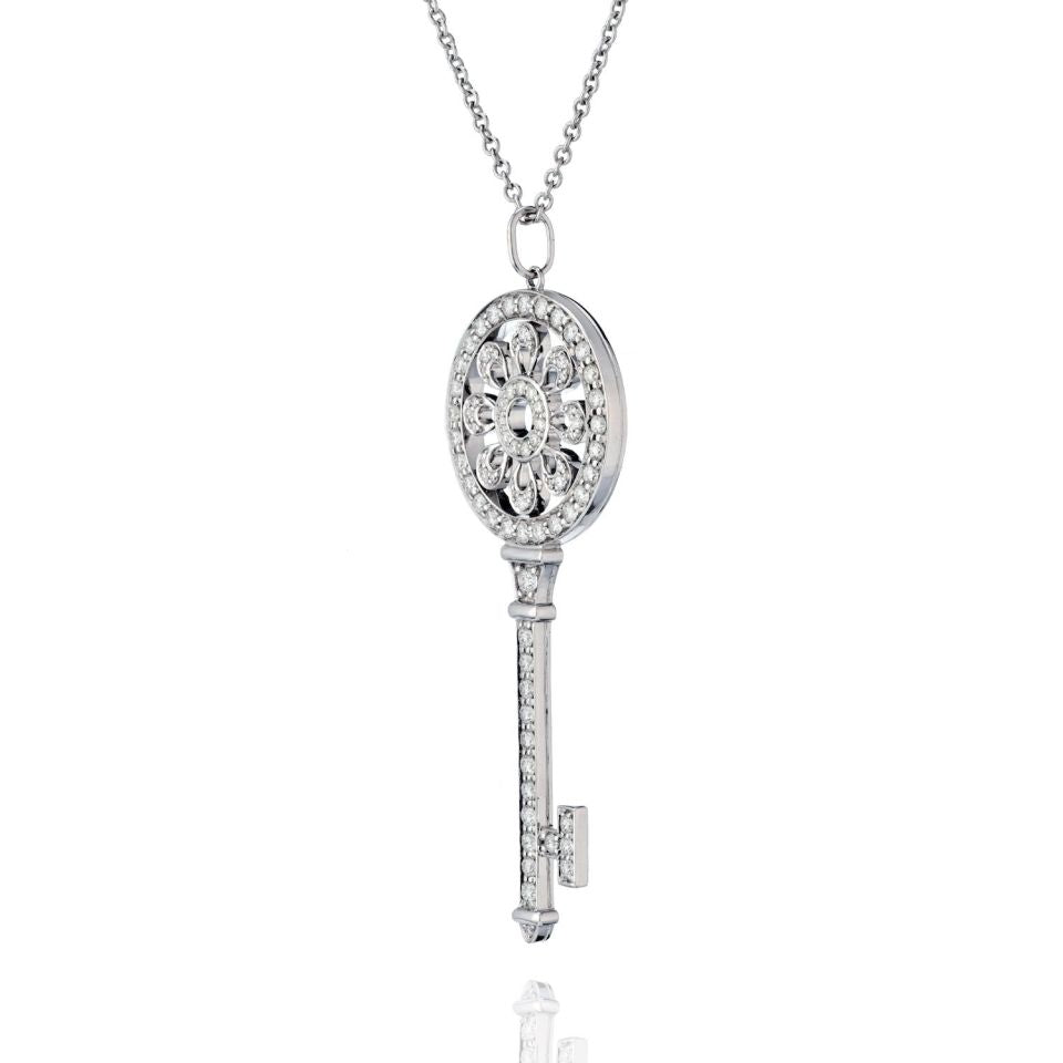 Tiffany 18K White Gold 1.09ct Diamond Key Pendant 2.25"