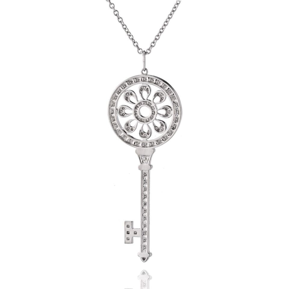 Tiffany 18K White Gold 1.09ct Diamond Key Pendant 2.25"
