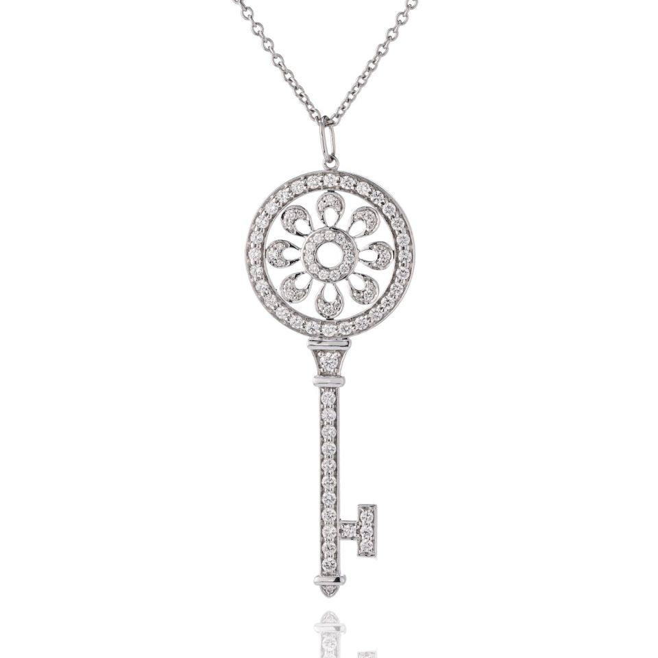 Tiffany 18K White Gold 1.09ct Diamond Key Pendant 2.25"