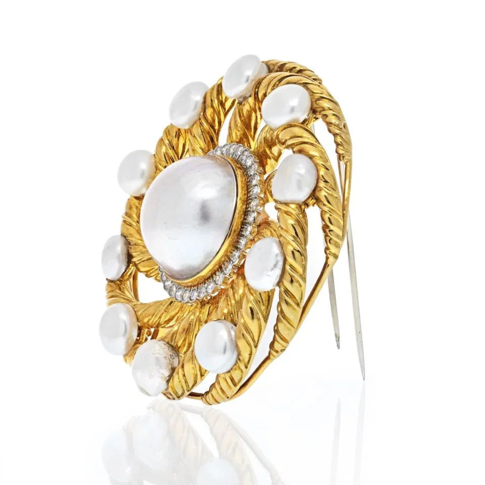 David Webb Platinum & 18K Yellow Gold Diamond And Pearl Circular Openwork Brooch — view 2 — Laura Milman New York