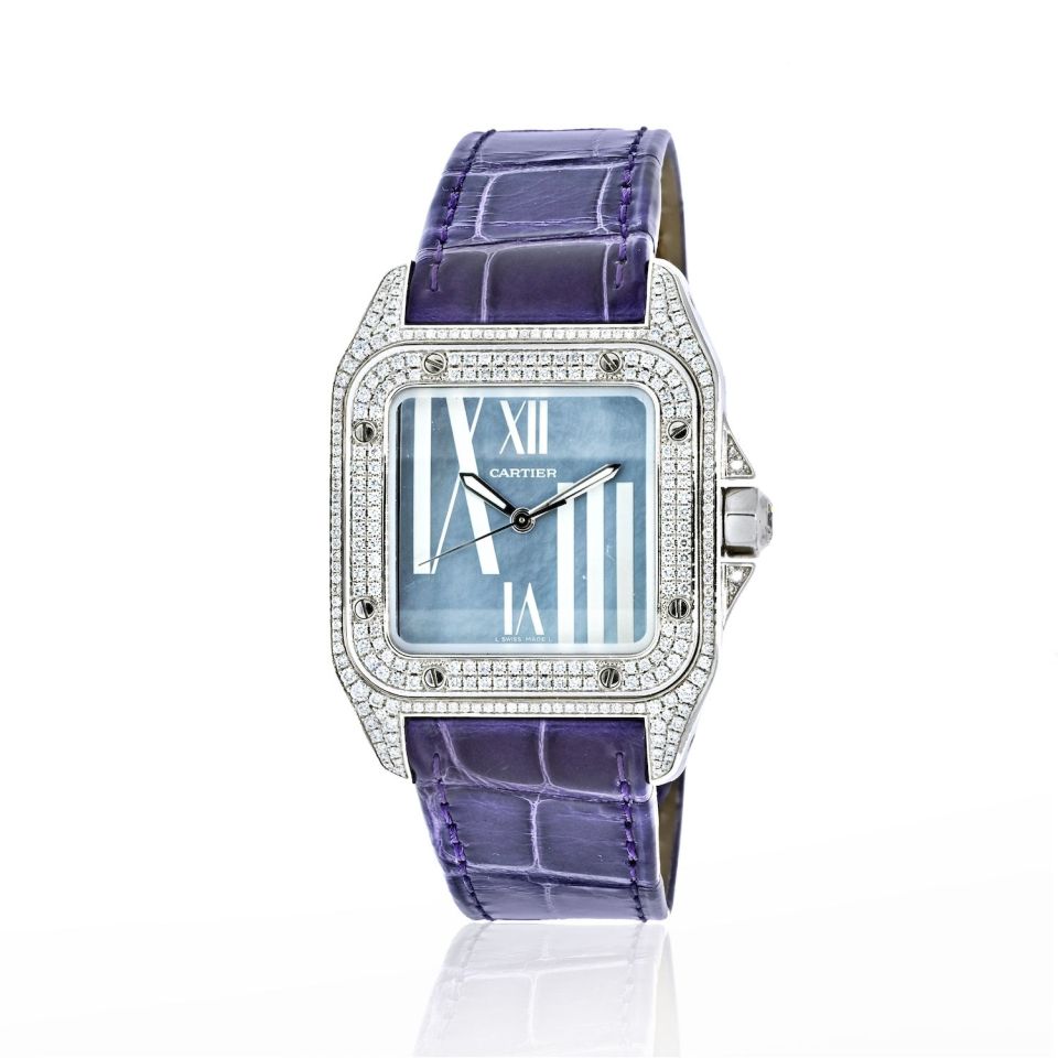 Cartier 18K White Gold Santos Watch with Diamond Bezel, 33mm Case