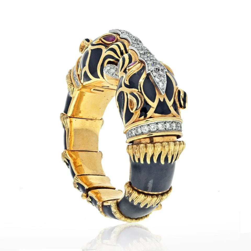 David Webb Platinum & 18K Yellow Gold Double Head Lion In Black Enamel Bracelet — view 2 — Laura Milman New York