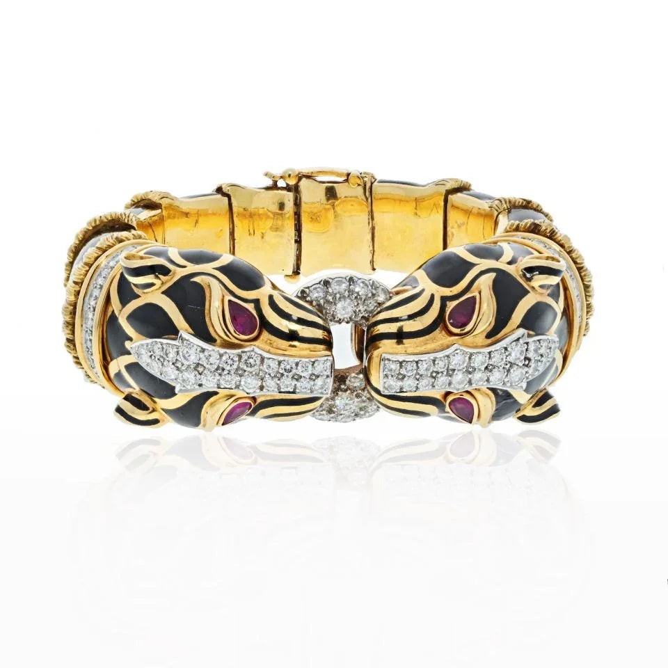 David Webb Platinum & 18K Yellow Gold Double Head Lion In Black Enamel Bracelet — Laura Milman New York