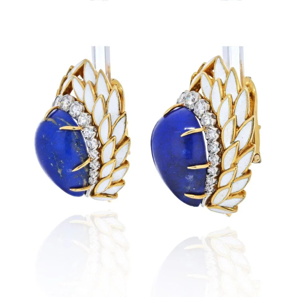 David Webb Blue Lapis, Diamonds And White Enamel Earrings — view 2 — Laura Milman New York