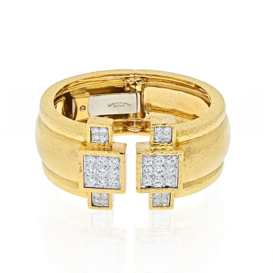 David Webb 18K Yellow Gold Hammered Wide Cuff With Diamonds Bracelet — view 2 — Laura Milman New York