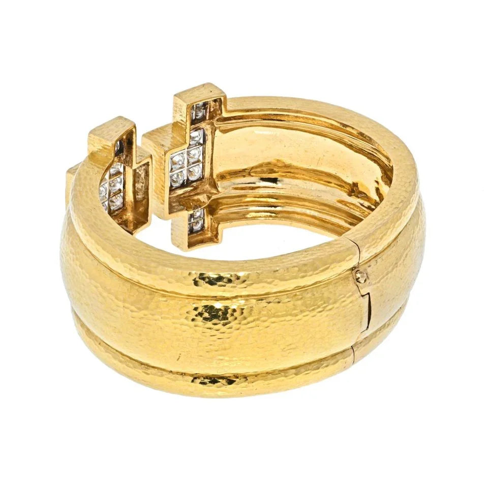 David Webb 18K Yellow Gold Hammered Wide Cuff With Diamonds Bracelet — view 4 — Laura Milman New York