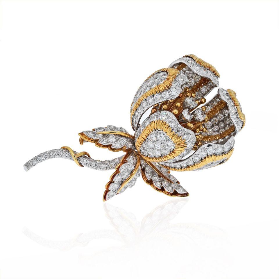 David Webb Platinum & 18K Yellow Gold 20.00 Carat Diamond Flower Brooch — Laura Milman New York
