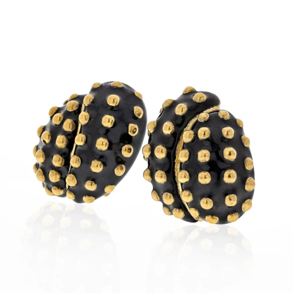 David Webb Platinum & 18K Yellow Gold Black Enamel Gold Studded Clip Earrings — view 2 — Laura Milman New York