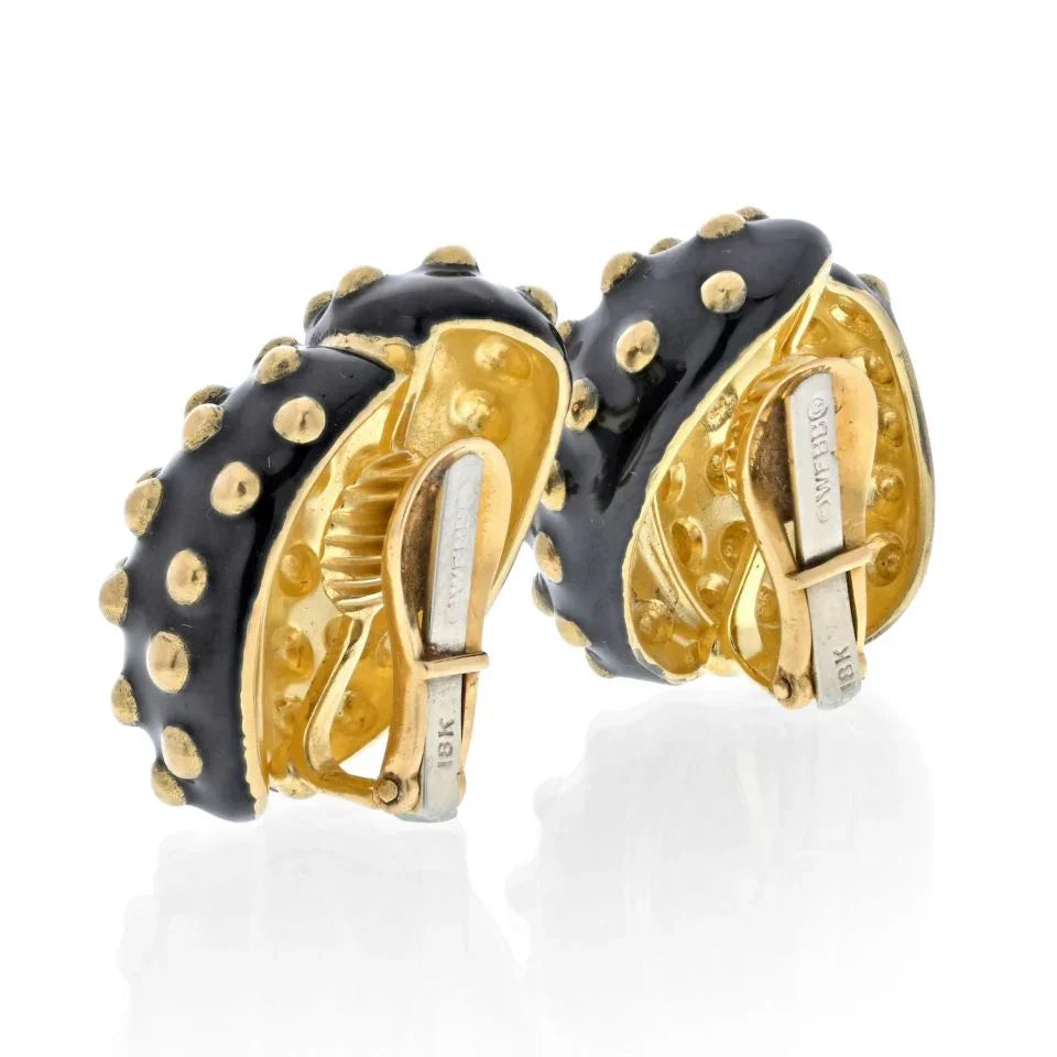 David Webb Platinum & 18K Yellow Gold Black Enamel Gold Studded Clip Earrings — view 3 — Laura Milman New York