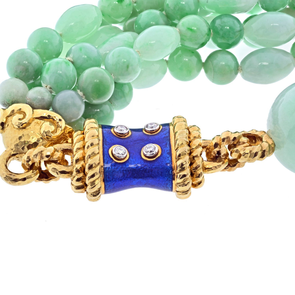 David Webb Jade Platinum & 18K Yellow Gold Jade, Diamond, Blue Enamel Necklace — view 9 — Laura Milman New York