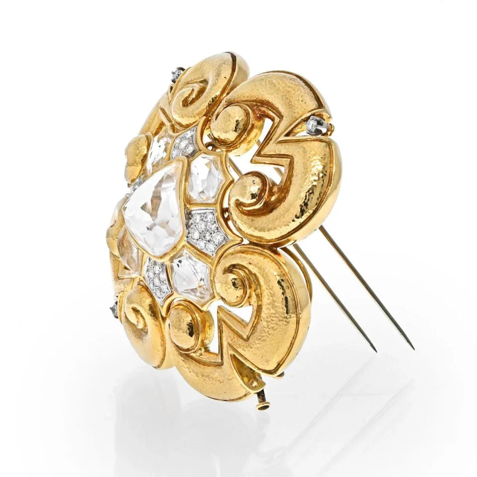 David Webb Platinum & 18K Yellow Gold Rock Crystal Large Maltese Cross Scroll Pendant Brooch — view 3 — Laura Milman New York