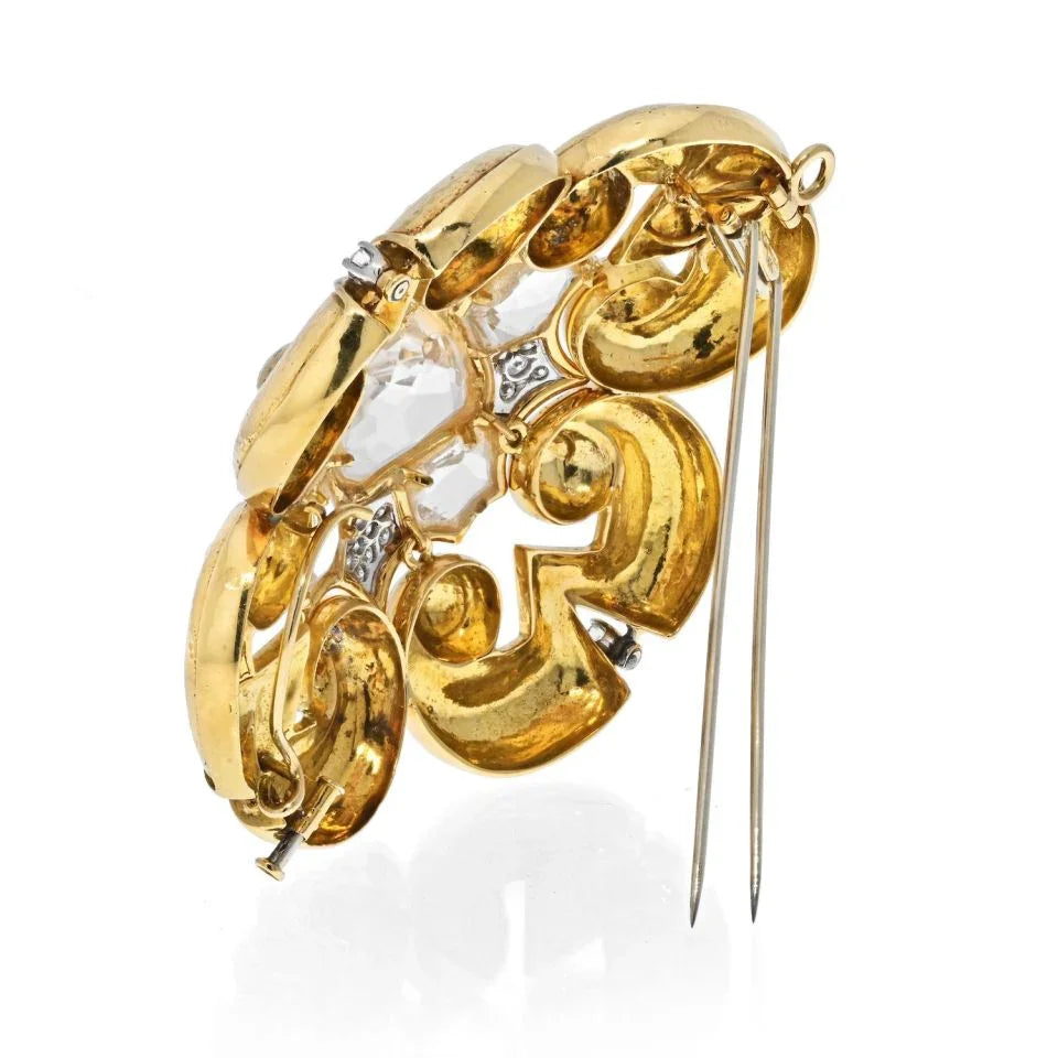 David Webb Platinum & 18K Yellow Gold Rock Crystal Large Maltese Cross Scroll Pendant Brooch — view 4 — Laura Milman New York