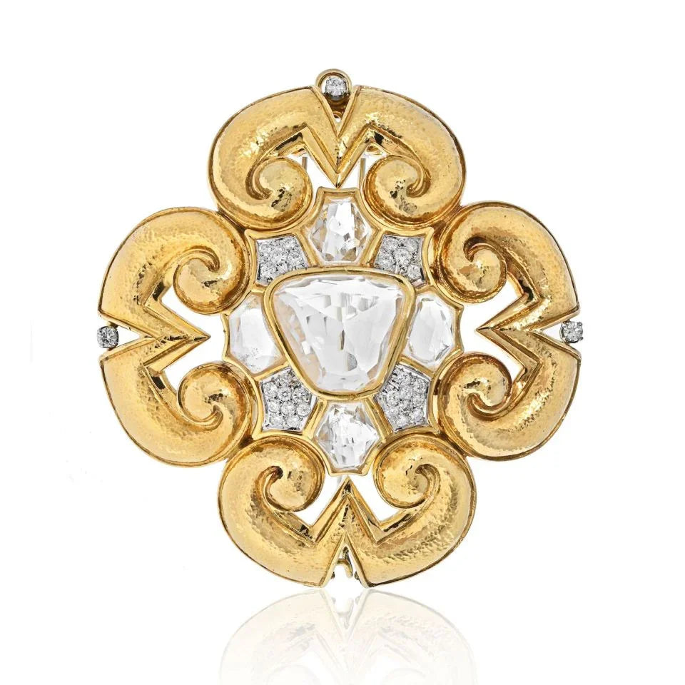 David Webb Platinum & 18K Yellow Gold Rock Crystal Large Maltese Cross Scroll Pendant Brooch — Laura Milman New York