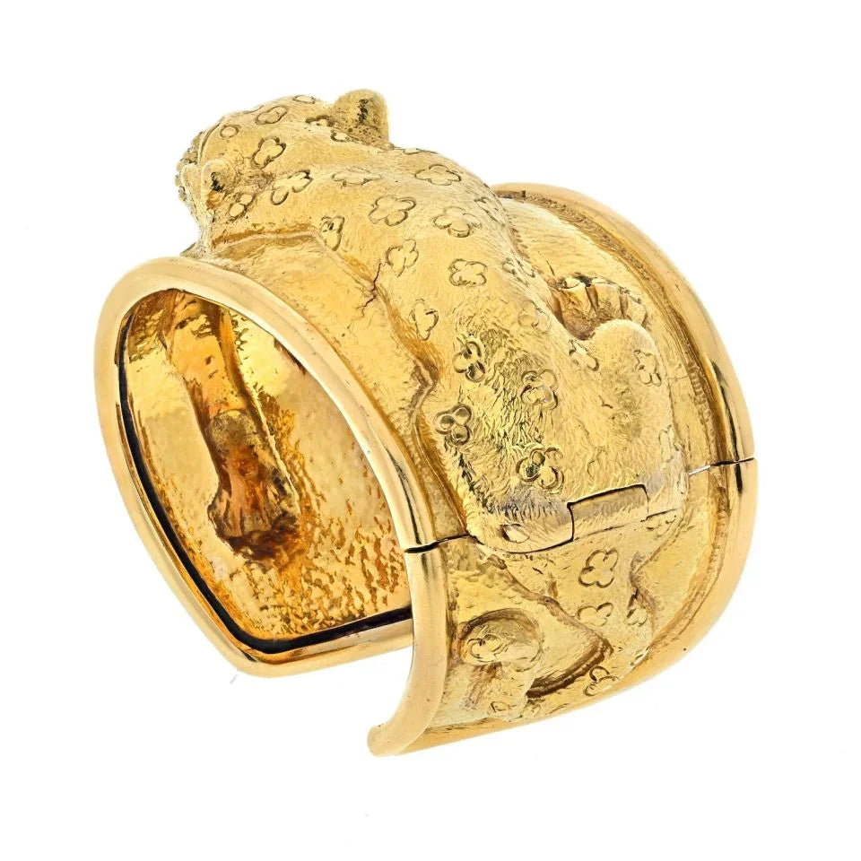 David Webb Platinum & 18K Yellow Gold Repousse Finish Leopard Bracelet — view 2 — Laura Milman New York