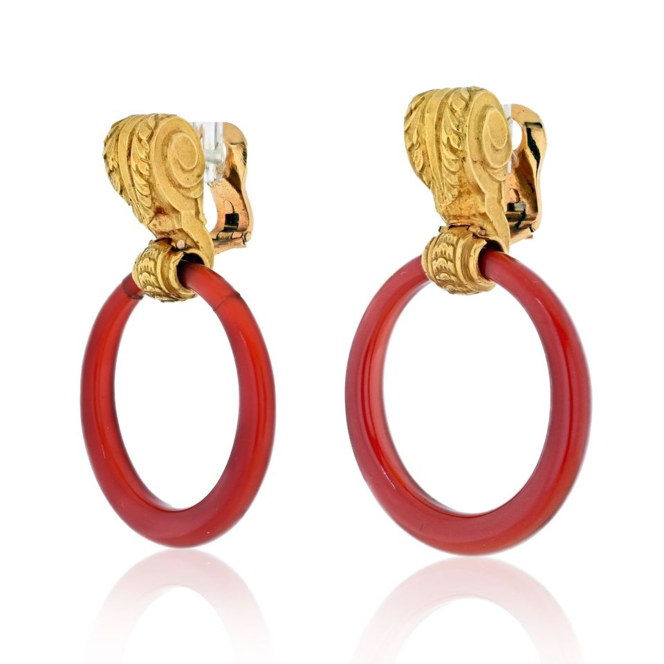 Vintage Bvlgari 18K Yellow Gold Carnelian Door Knocker Clip-On Earrings