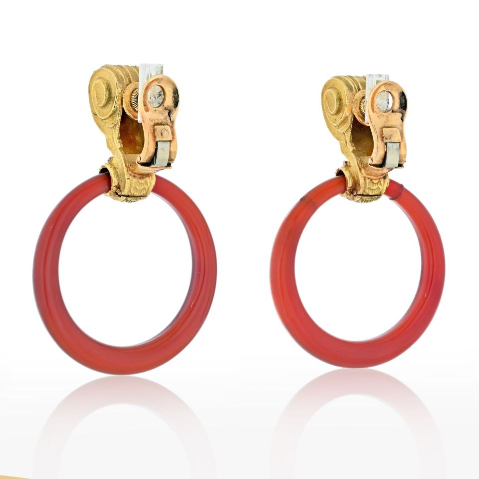 Vintage Bvlgari 18K Yellow Gold Carnelian Door Knocker Clip-On Earrings