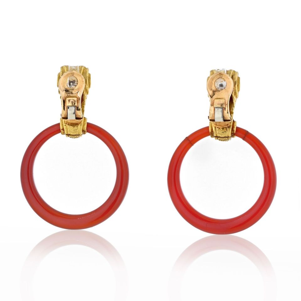 Vintage Bvlgari 18K Yellow Gold Carnelian Door Knocker Clip-On Earrings