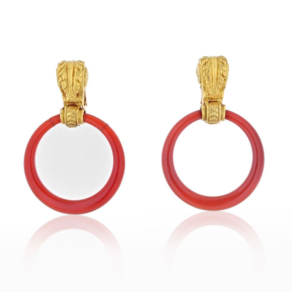 Vintage Bvlgari 18K Yellow Gold Carnelian Door Knocker Clip-On Earrings
