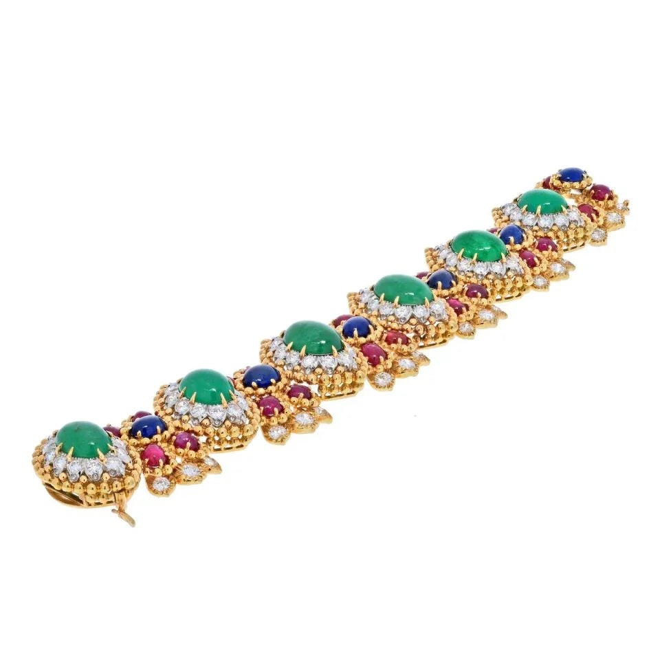 David Webb 18K Yellow Gold Green Emerald Cabochon, Ruby And Diamond Bracelet — view 4 — Laura Milman New York