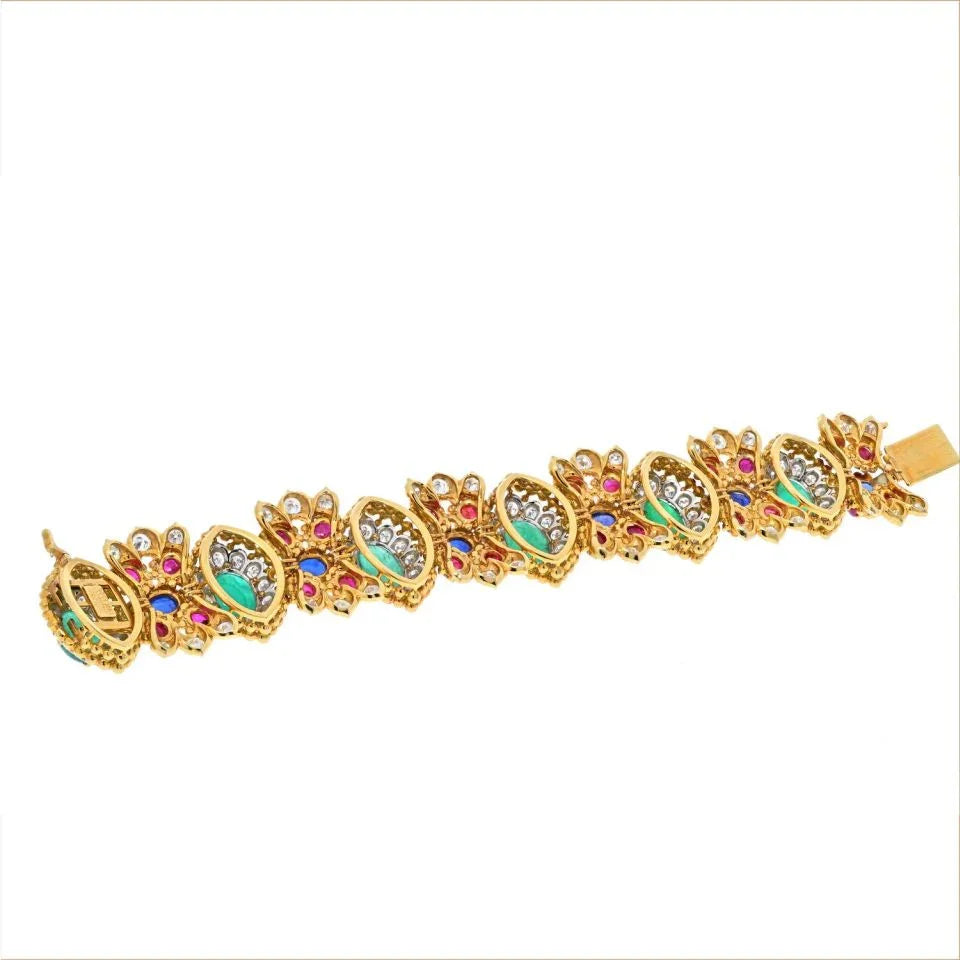 David Webb 18K Yellow Gold Green Emerald Cabochon, Ruby And Diamond Bracelet — view 5 — Laura Milman New York