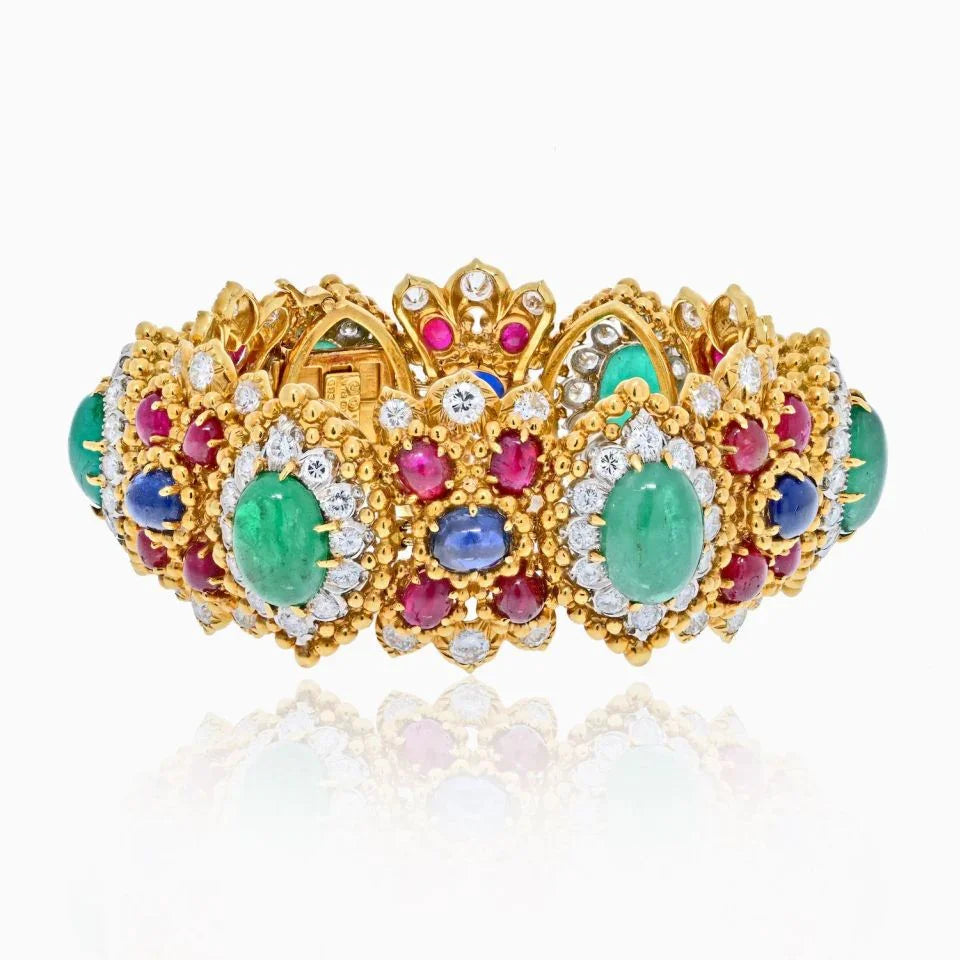 David Webb 18K Yellow Gold Green Emerald Cabochon, Ruby And Diamond Bracelet — Laura Milman New York