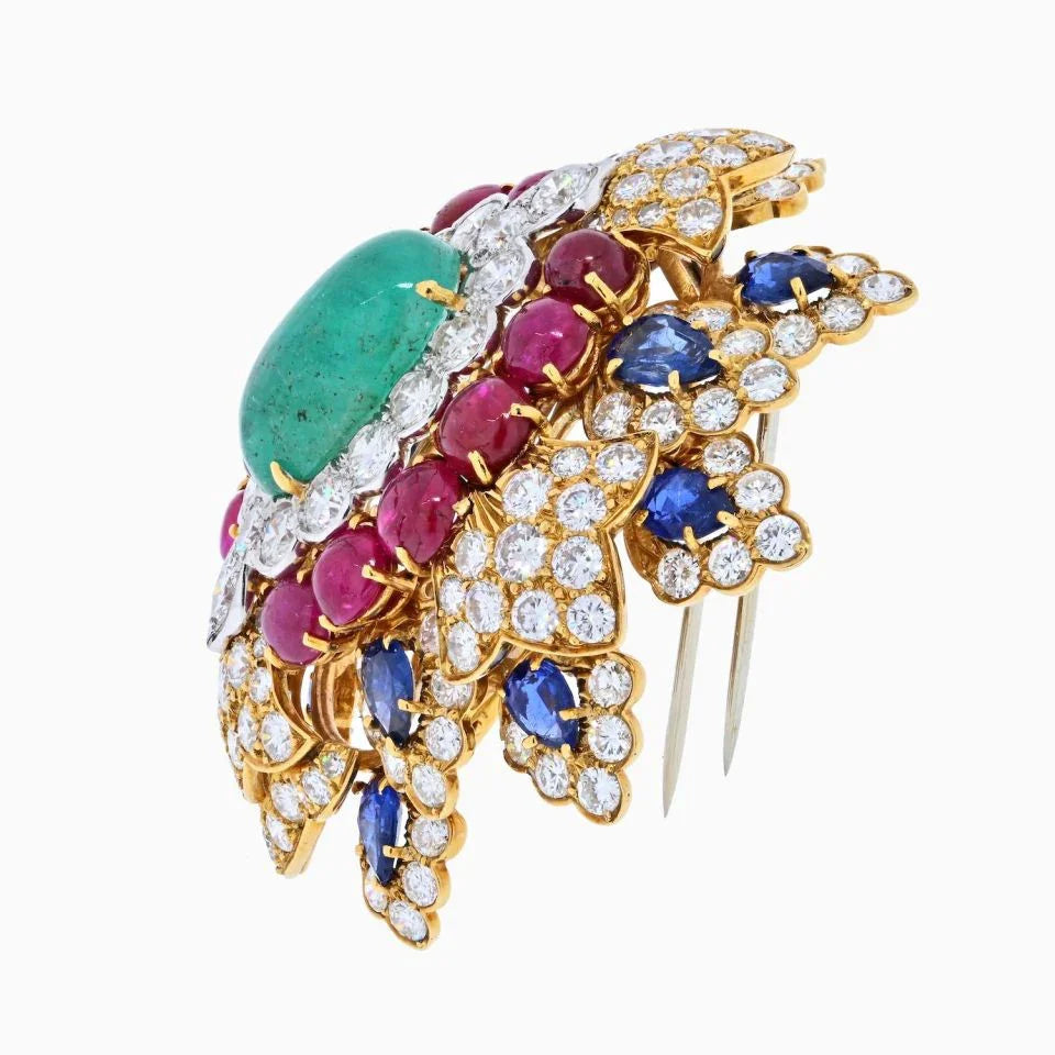 David Webb 18K Yellow Gold Heraldic Green Emerald Ruby And Diamond Brooch — view 2 — Laura Milman New York