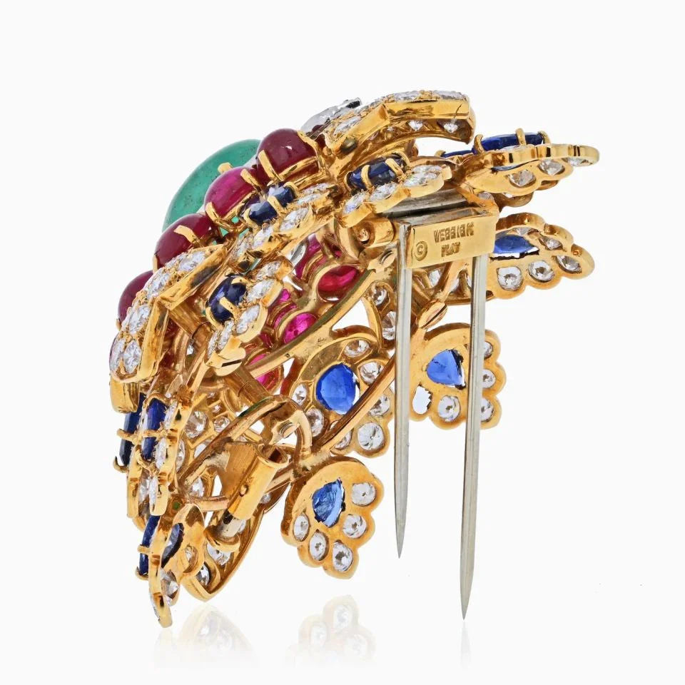 David Webb 18K Yellow Gold Heraldic Green Emerald Ruby And Diamond Brooch — view 3 — Laura Milman New York