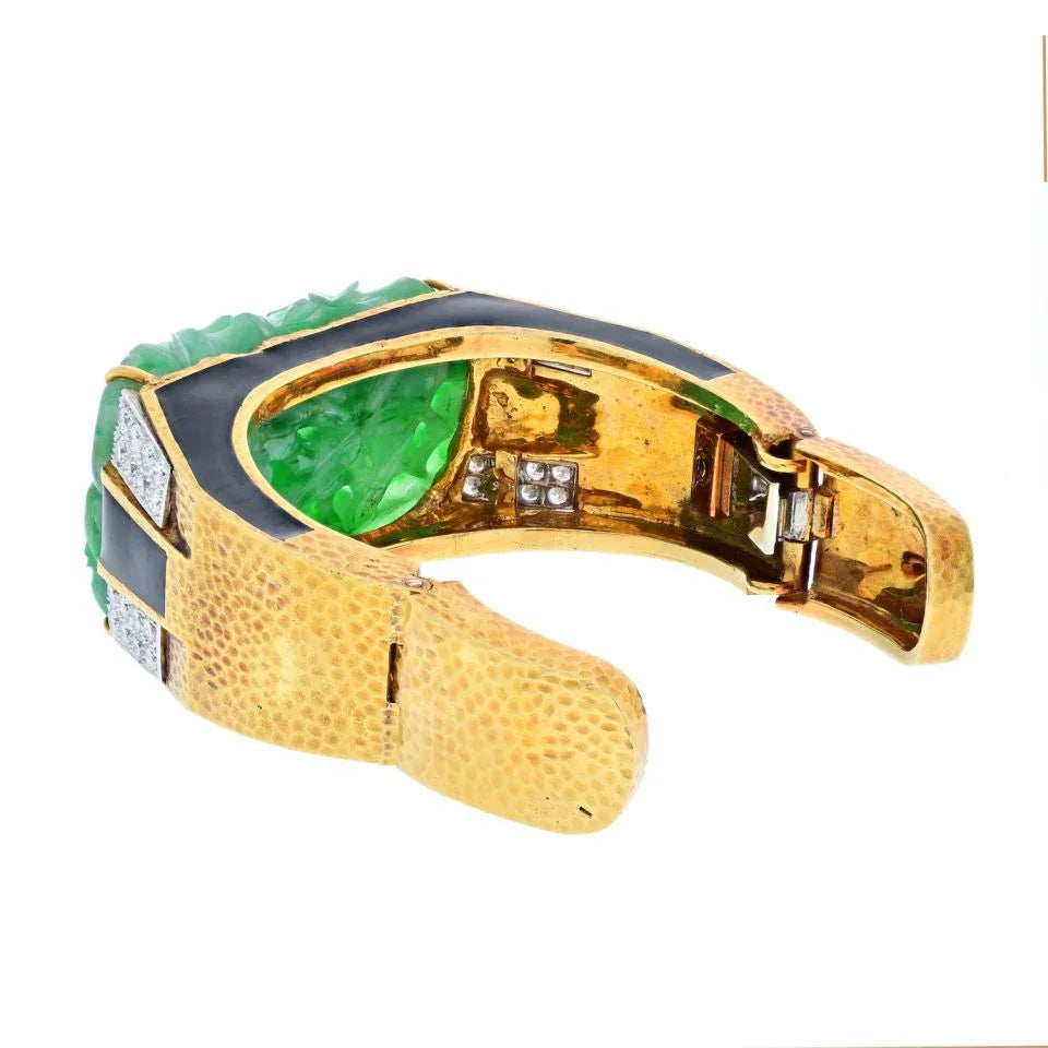David Webb Platinum & 18K Yellow Gold Carved Jade Cuff Bracelet — view 4 — Laura Milman New York