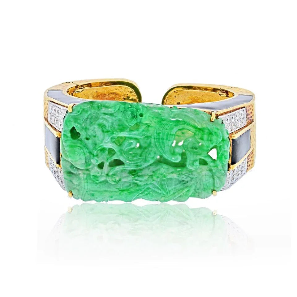 David Webb Platinum & 18K Yellow Gold Carved Jade Cuff Bracelet — Laura Milman New York