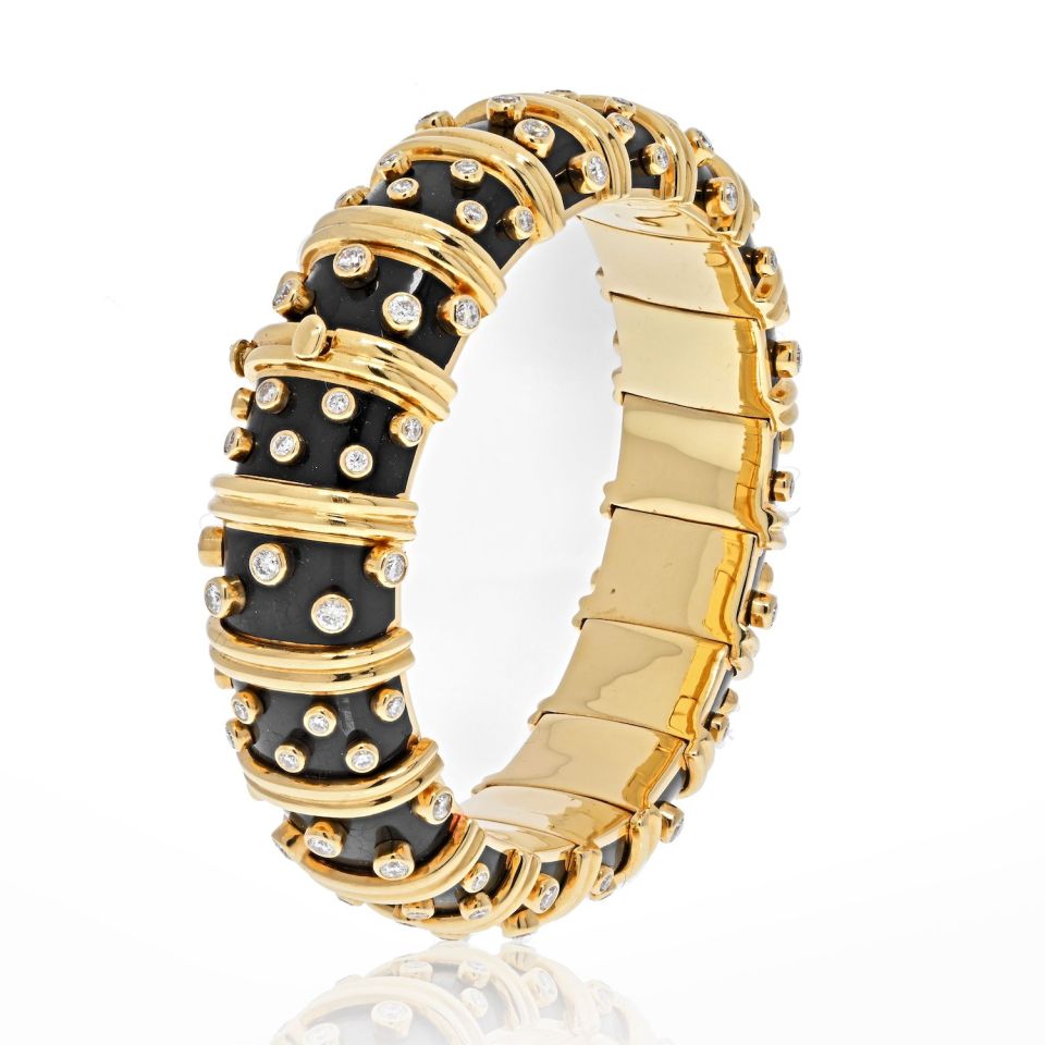 Tiffany Schlumberger 18K Gold Platinum Black Enamel 5.6ct Bangle