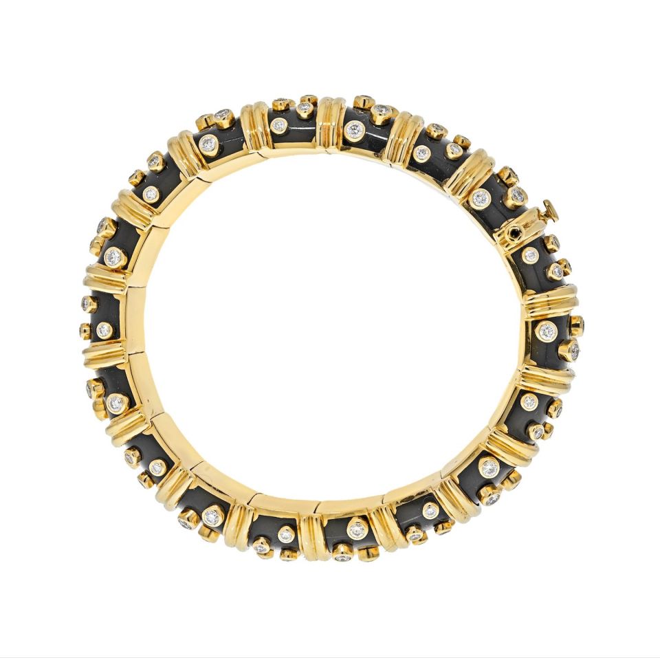 Tiffany Schlumberger 18K Gold Platinum Black Enamel 5.6ct Bangle