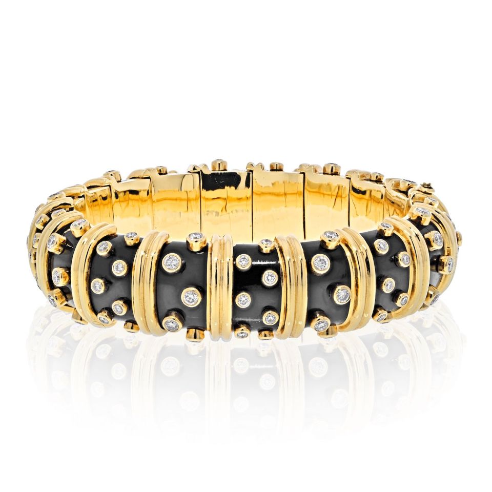 Tiffany Schlumberger 18K Gold Platinum Black Enamel 5.6ct Bangle