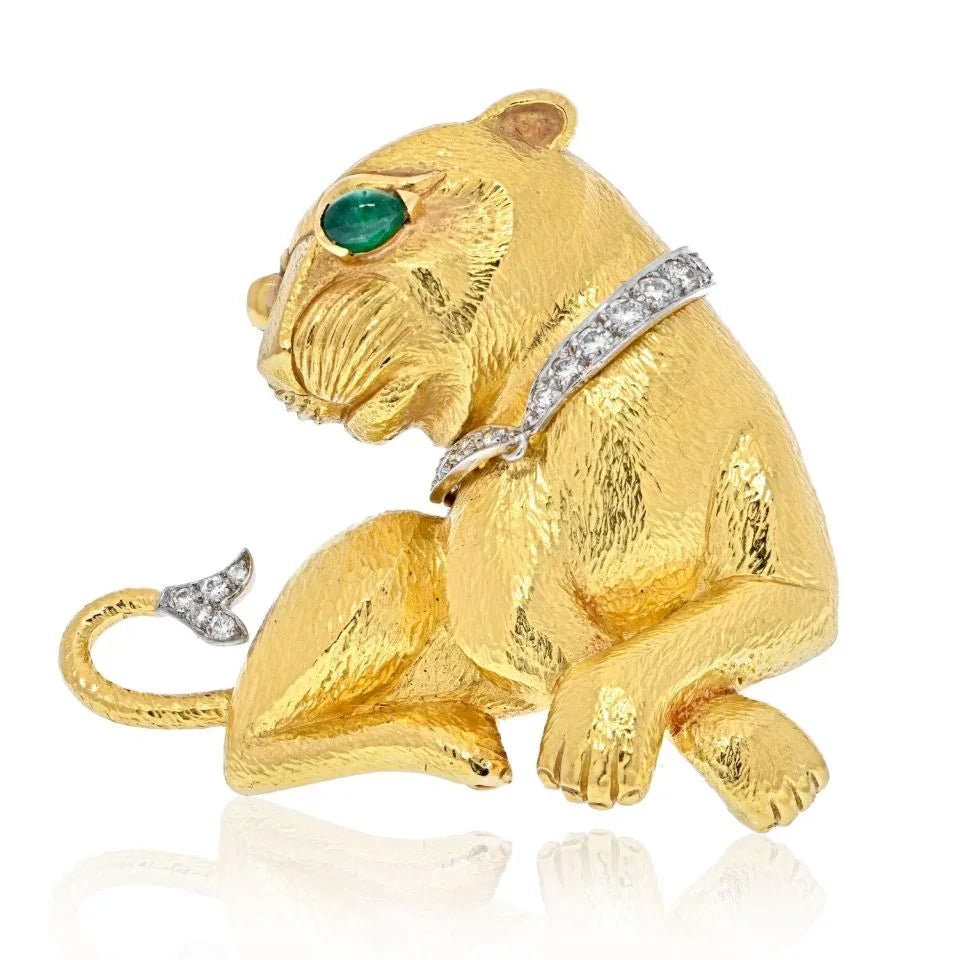 David Webb Platinum & 18K Yellow Gold Sitting Panthere With A Diamond Collar Brooch — Laura Milman New York