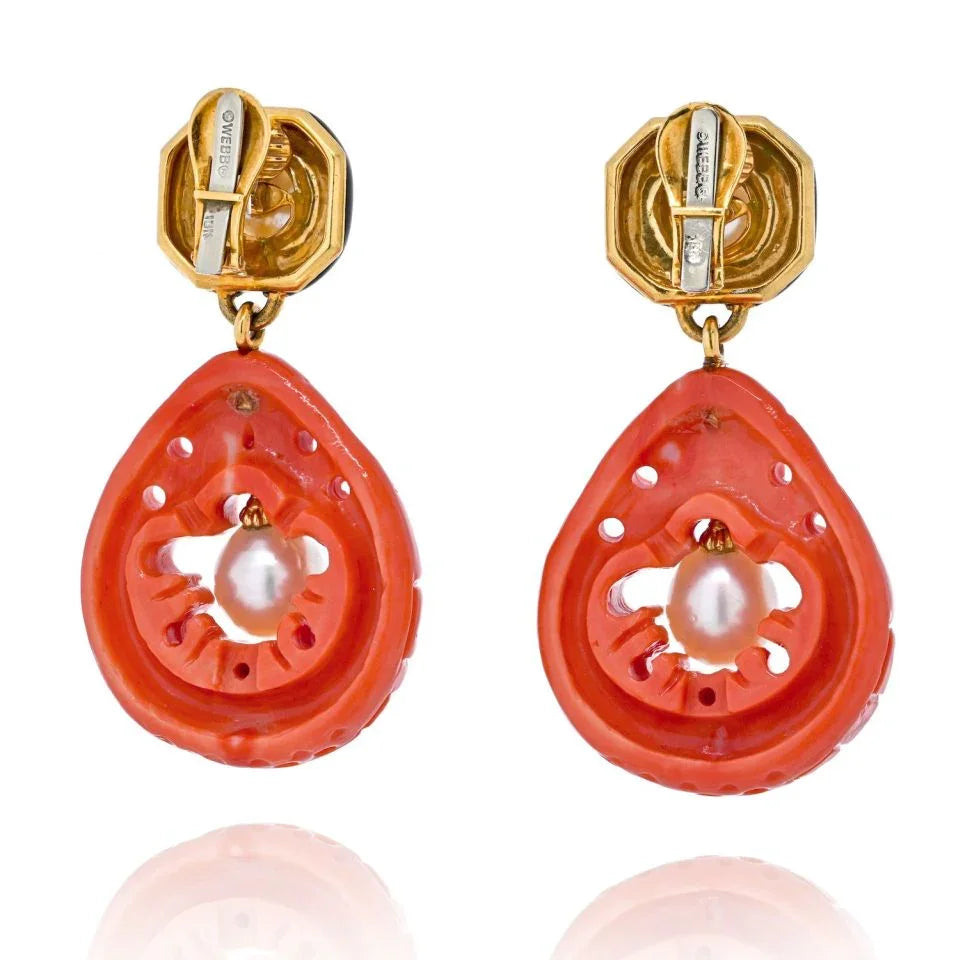 David Webb Platinum & 18K Yellow Gold Cultured Pearl, Coral And Enamel Clip Earrings — view 4 — Laura Milman New York