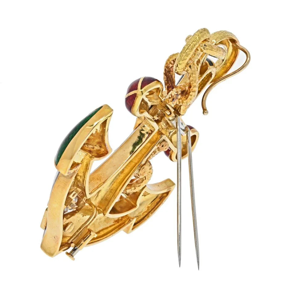 David Webb Platinum & 18K Yellow Gold Diamond And Enamel Anchor Pendant Brooch — view 3 — Laura Milman New York