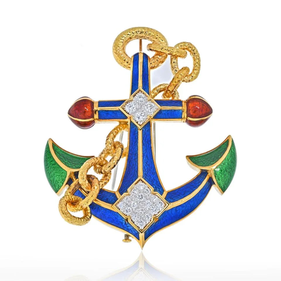 David Webb Platinum & 18K Yellow Gold Diamond And Enamel Anchor Pendant Brooch — Laura Milman New York