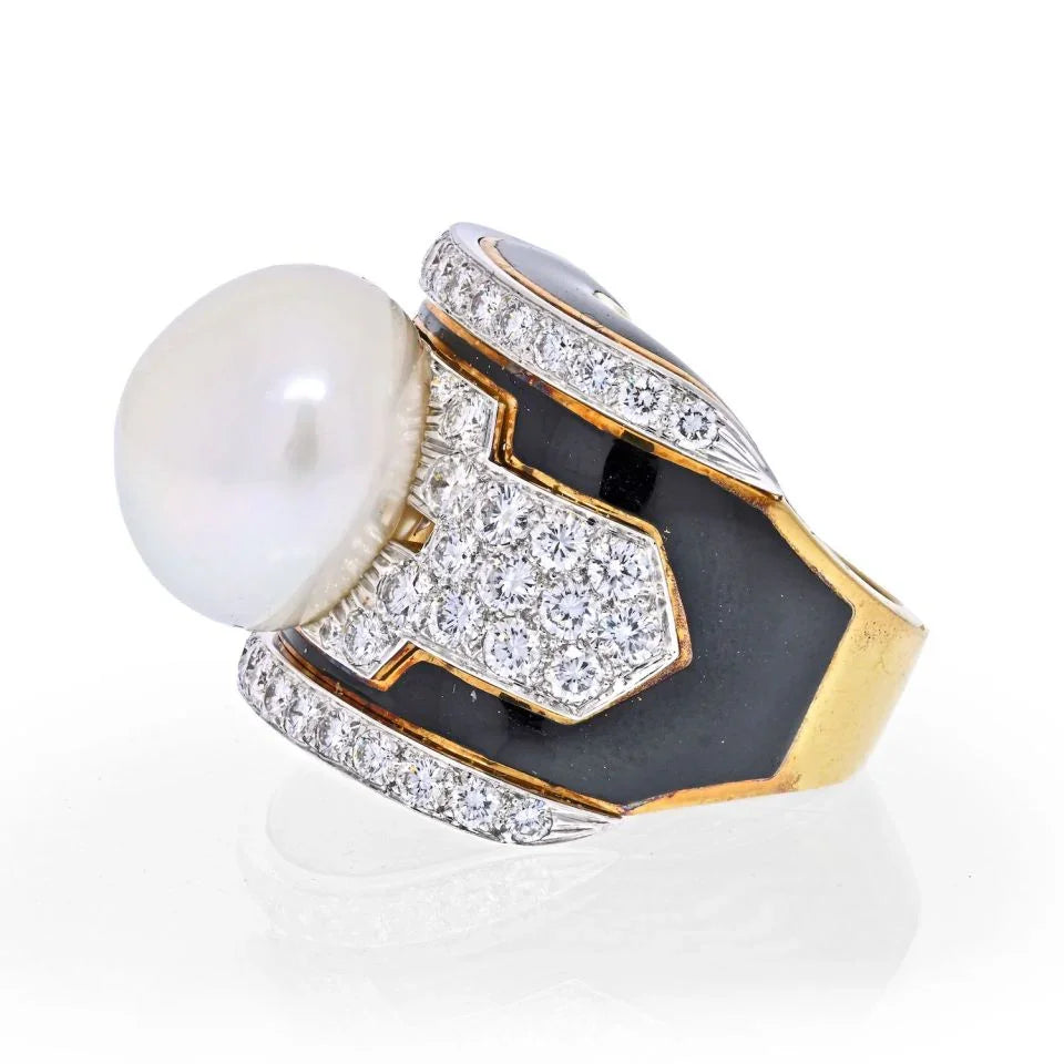David Webb Platinum & 18K Yellow Gold Pearl, Diamond, Black Enamel Ring — view 2 — Laura Milman New York