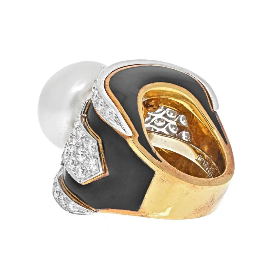 David Webb Platinum & 18K Yellow Gold Pearl, Diamond, Black Enamel Ring — view 3 — Laura Milman New York