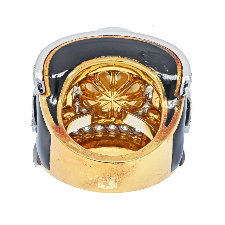 David Webb Platinum & 18K Yellow Gold Pearl, Diamond, Black Enamel Ring — view 4 — Laura Milman New York