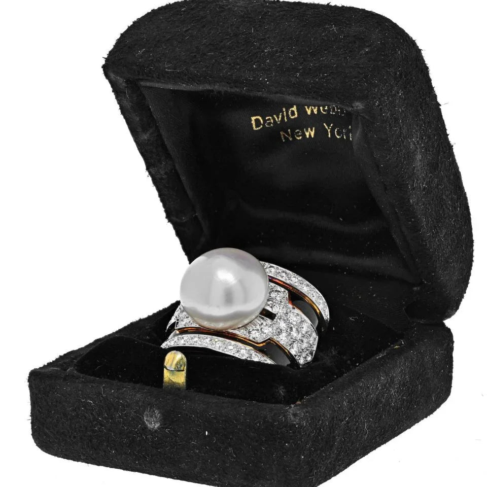 David Webb Platinum & 18K Yellow Gold Pearl, Diamond, Black Enamel Ring — view 5 — Laura Milman New York