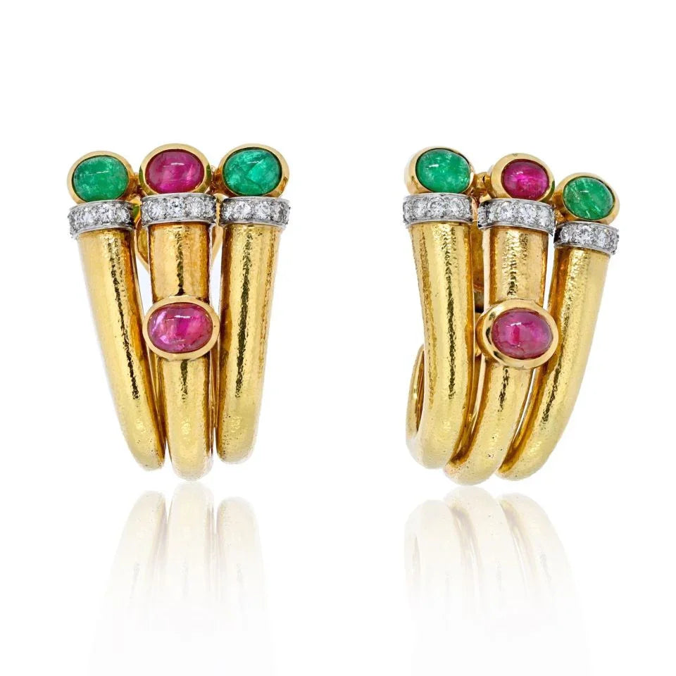 David Webb Platinum & 18K Yellow Gold Diamond, Ruby, Green Emerald Earrings — Laura Milman New York