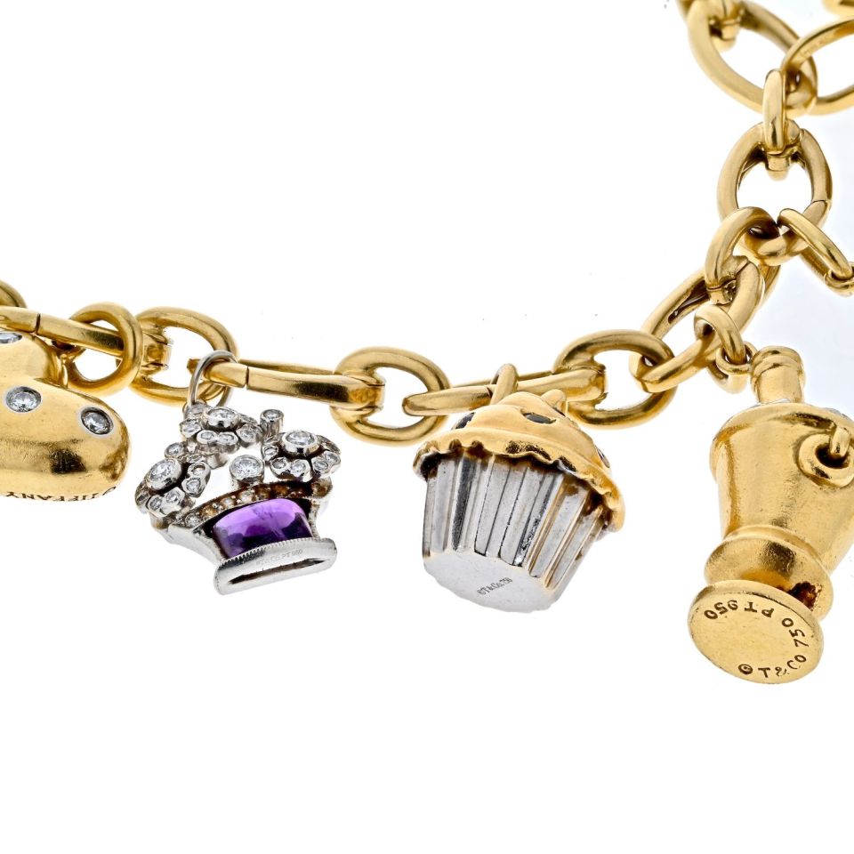 Tiffany 18K Gold Platinum Diamond Charm Bracelet 8" 81.7g
