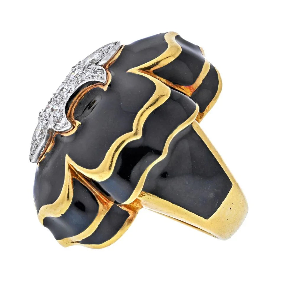 David Webb Platinum & 18K Yellow Gold Fleur De Lis Black Enamel Diamond Ring — view 2 — Laura Milman New York