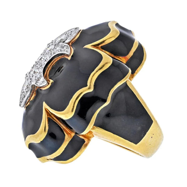 David Webb Platinum & 18K Yellow Gold Fleur De Lis Black Enamel Diamond Ring — view 2